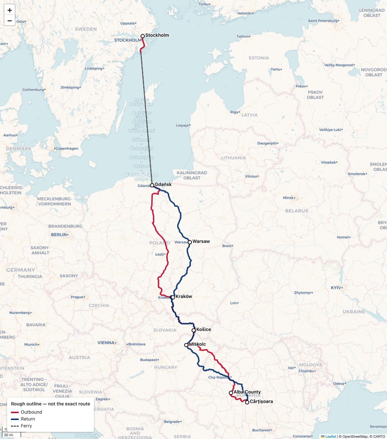 Map of the Romania 2026 route from Stockholm to the Carpathians and back