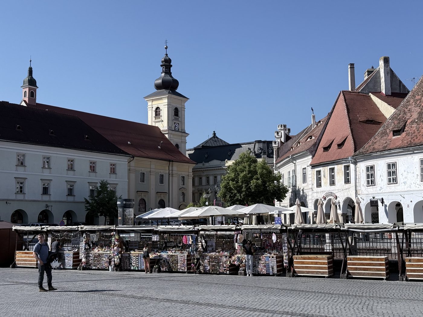 Piața Mare in Sibiu with the Council Tower and market stalls