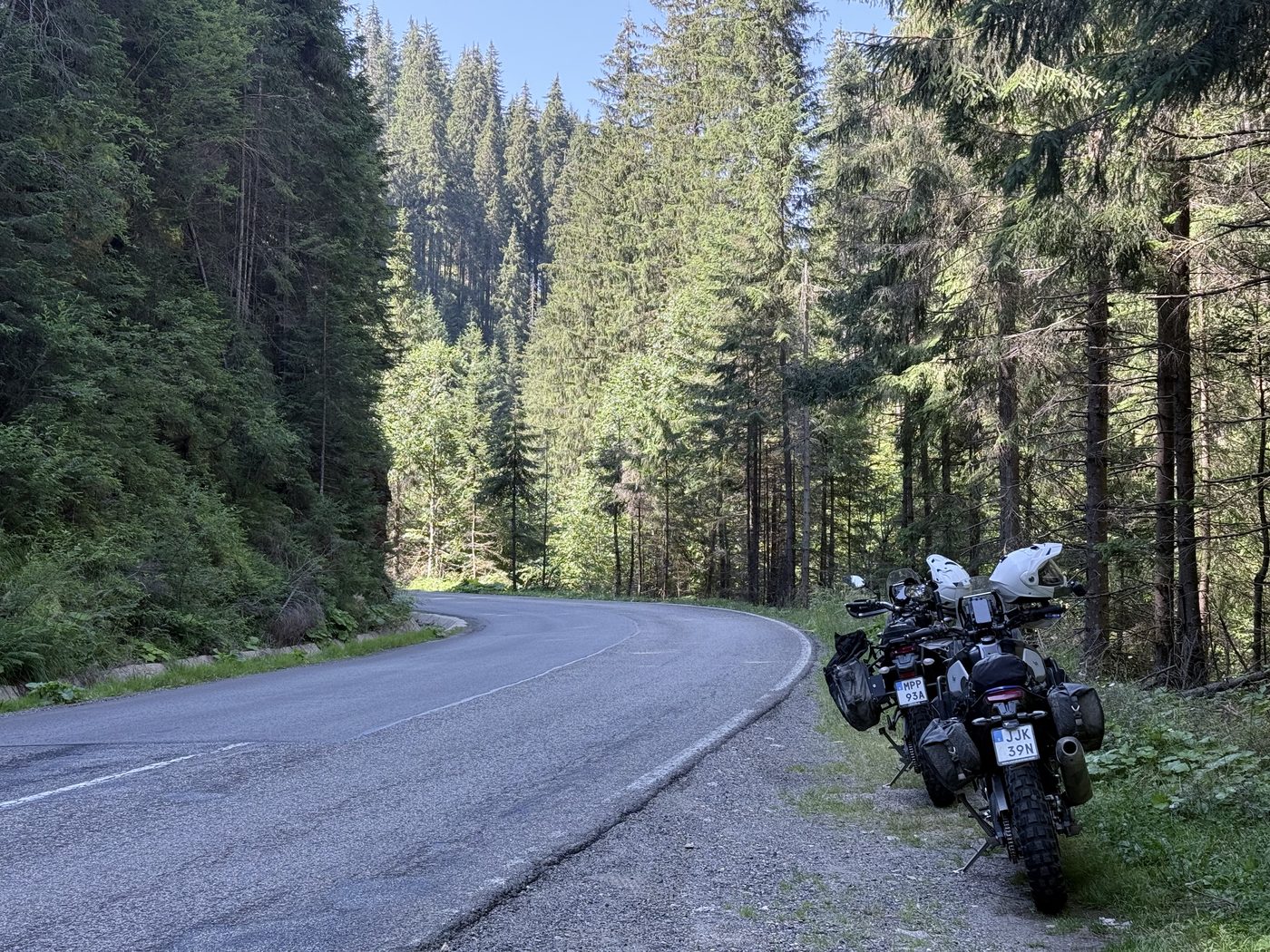 Two motorcycles parked on a forest road on the Transalpina